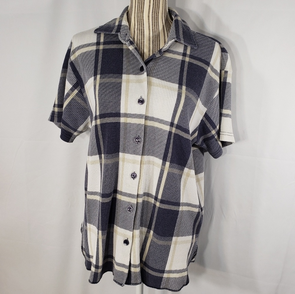 Ashly Brent Plaid Short Sleeve Button Down Top Size Large